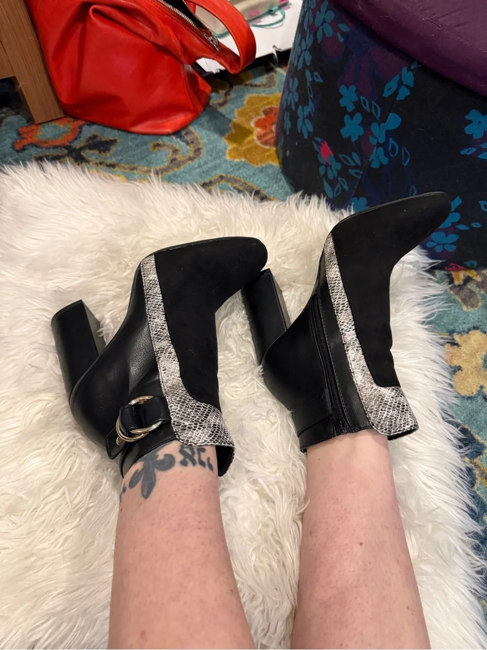 Shoe Dazzle Black Suede Ankle Boots with Snake-Print Cuff